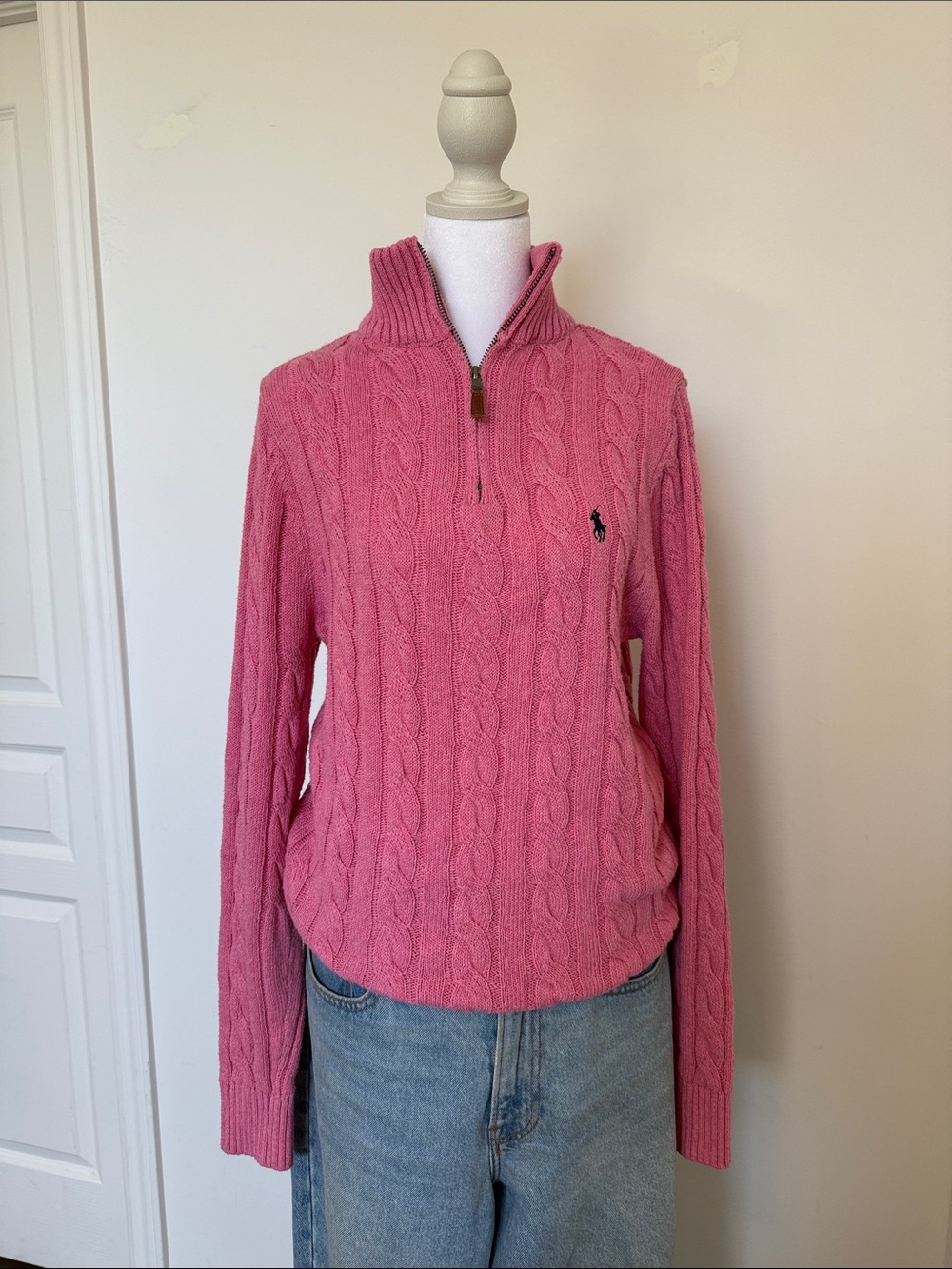 Polo by Ralph Lauren Pink Cable-Knit Half-Zip Turtleneck Sweater